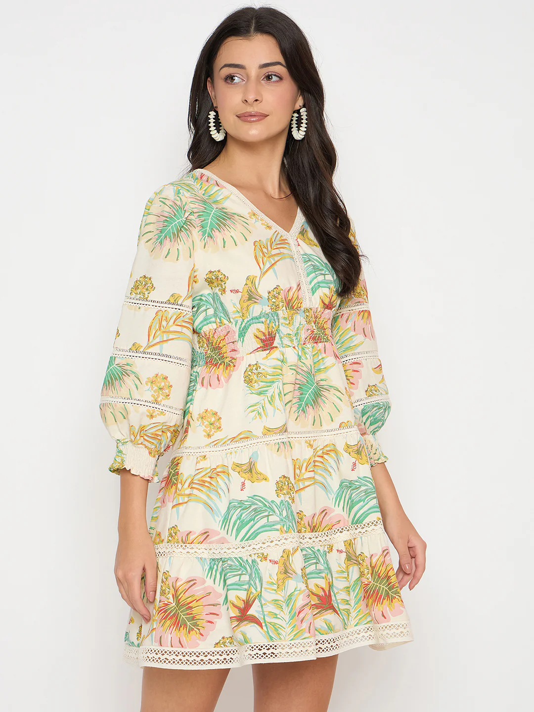 Madame Floral Print Tiered Off White Mini Dress - Image 4