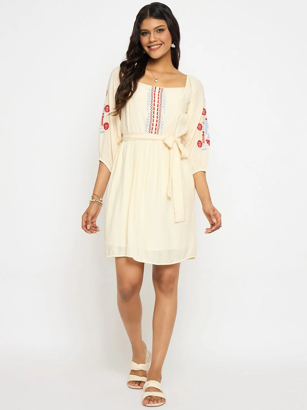 Madame Embroidered Ivory Belted Mini Dress - Image 3