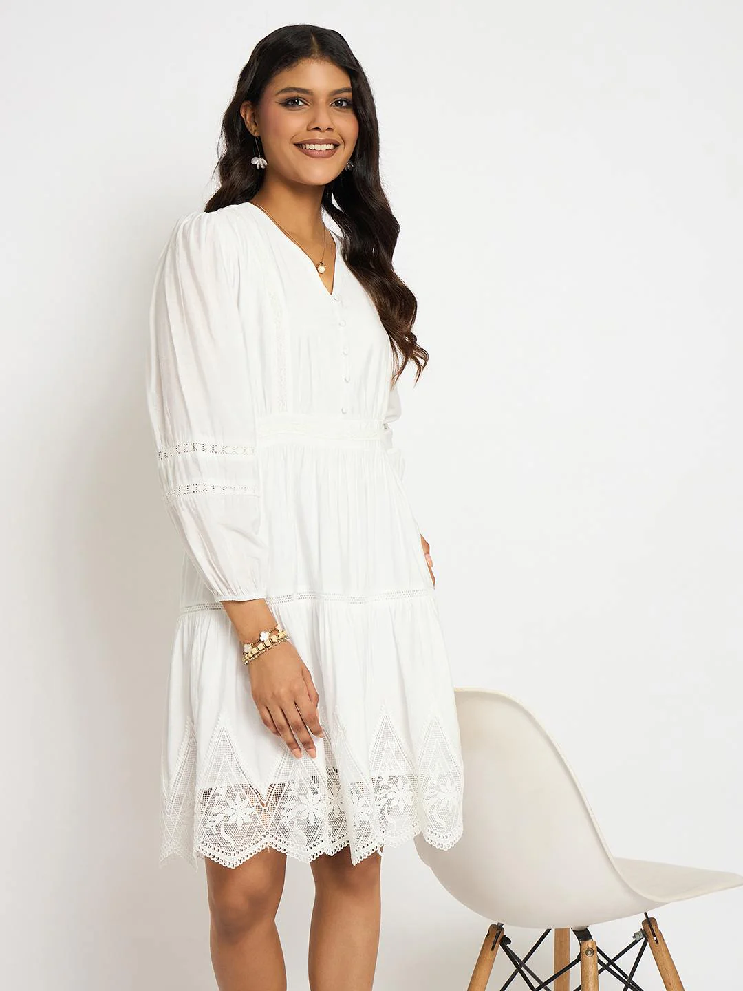 Madame Lace Detailed White Rayon Blend Dress - Image 2