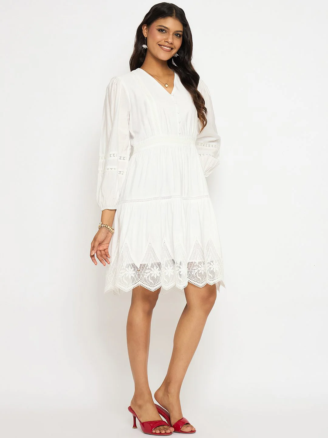 Madame Lace Detailed White Rayon Blend Dress - Image 4