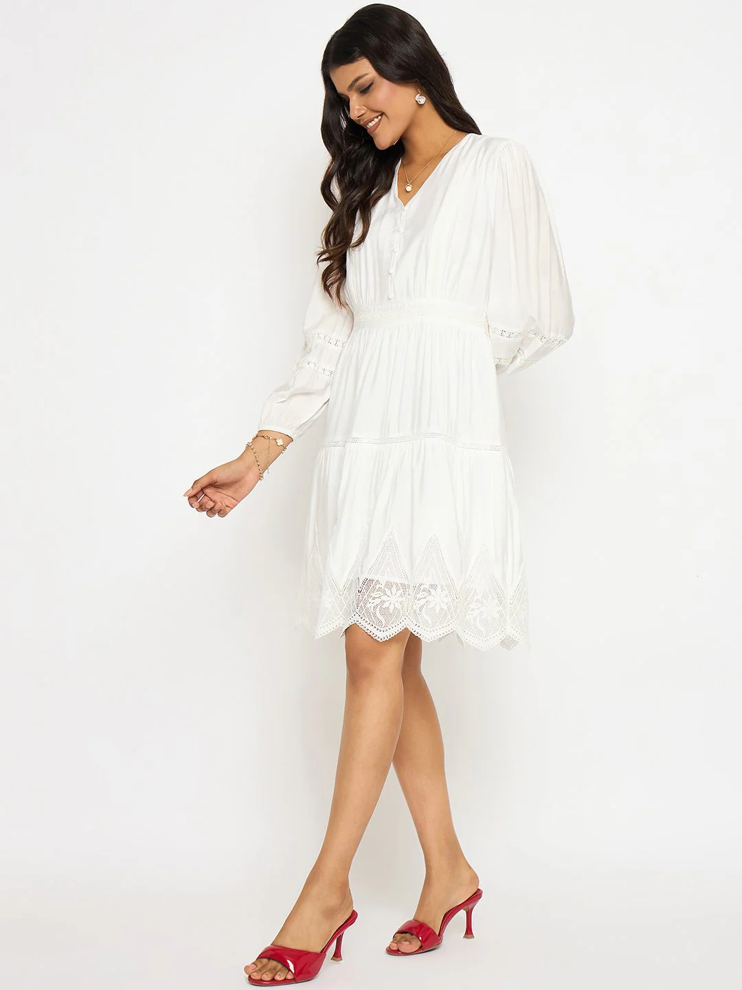 Madame Lace Detailed White Rayon Blend Dress - Image 5