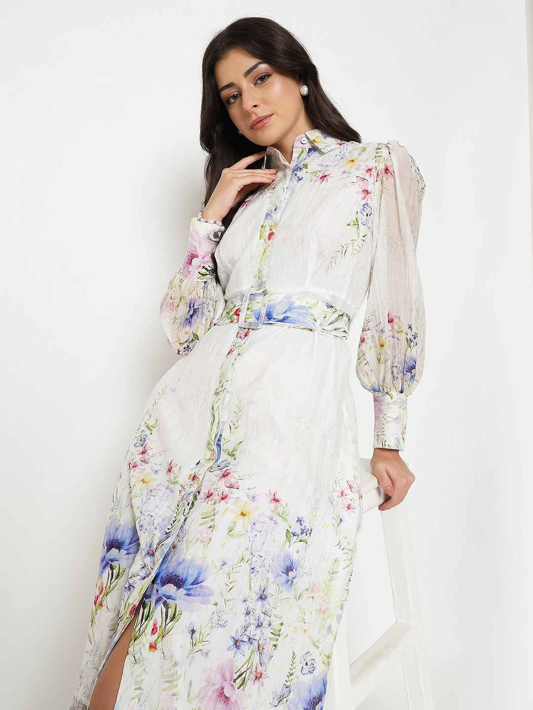 Madame Floral Print Belted White Shirt Dress - Image 3
