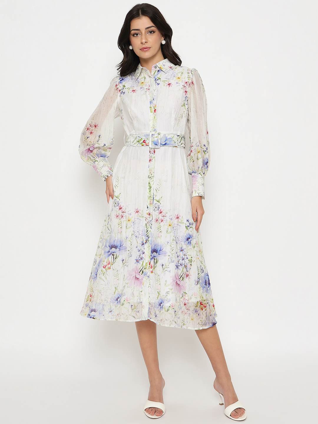 Madame Floral Print Belted White Shirt Dress - Image 4