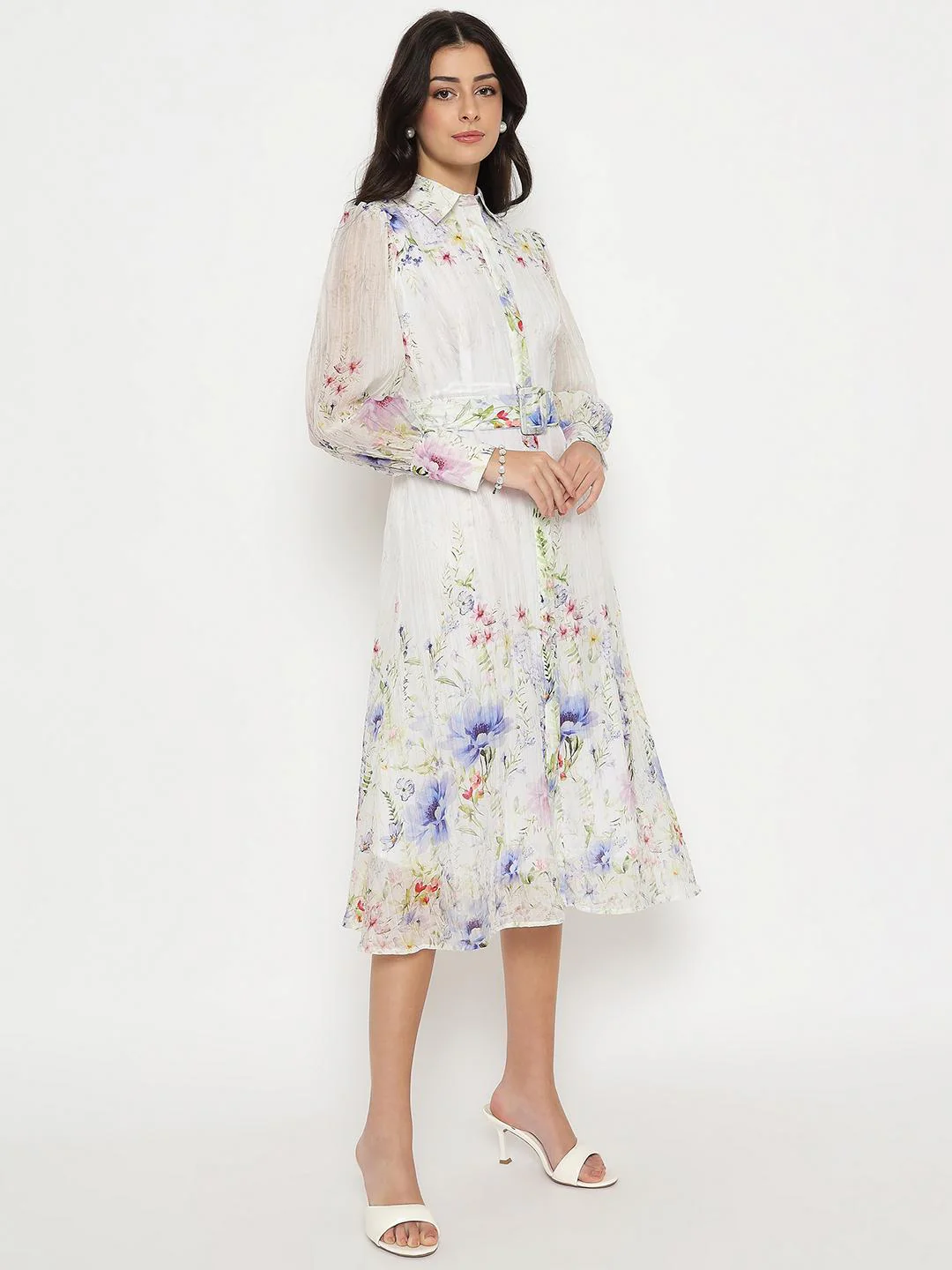 Madame Floral Print Belted White Shirt Dress - Image 5