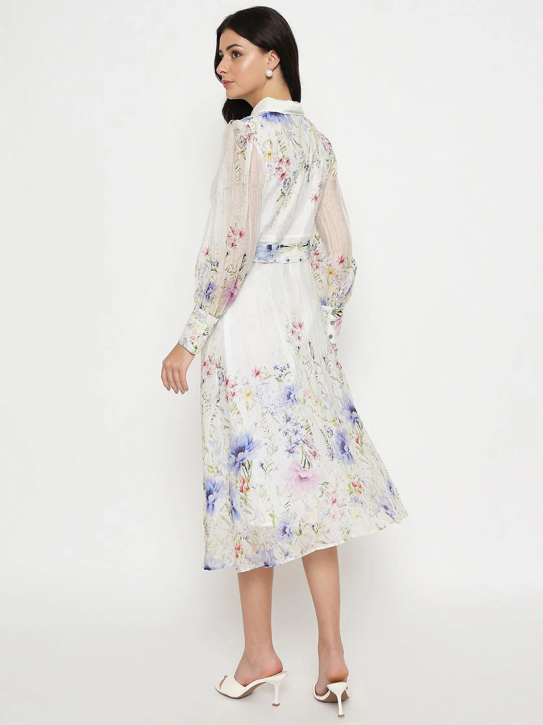 Madame Floral Print Belted White Shirt Dress - Image 7