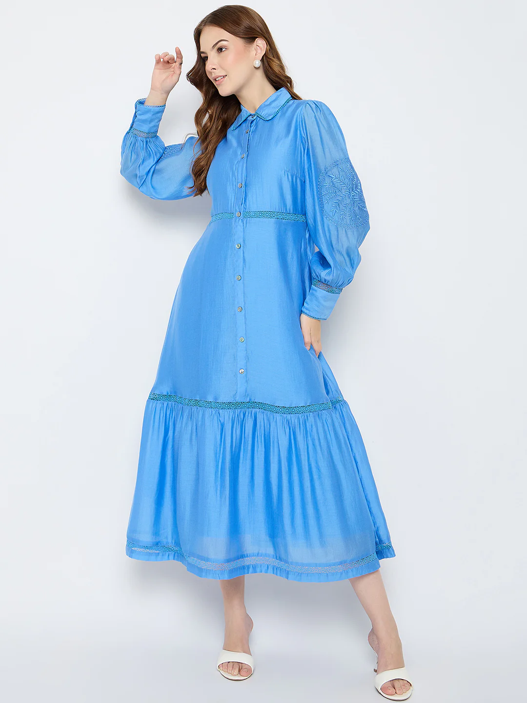 Madame Tiered Cornflower Blue Shirt Dress - Image 2