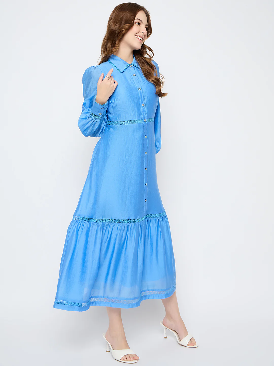 Madame Tiered Cornflower Blue Shirt Dress - Image 4