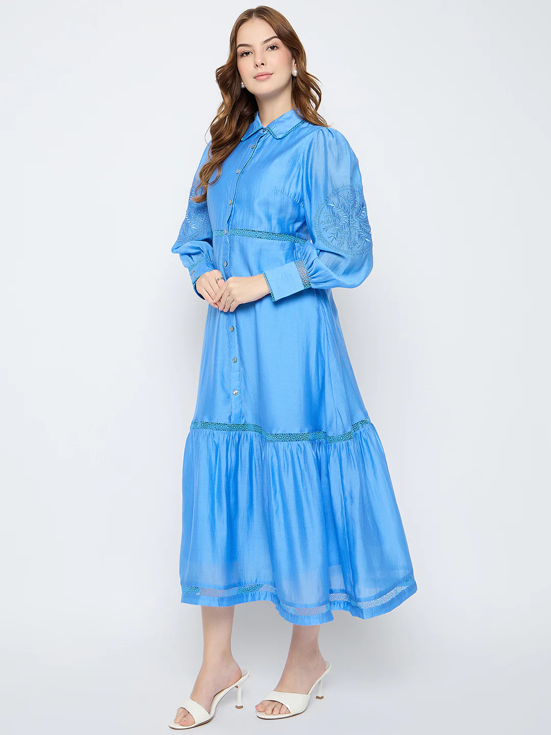 Madame Tiered Cornflower Blue Shirt Dress - Image 5