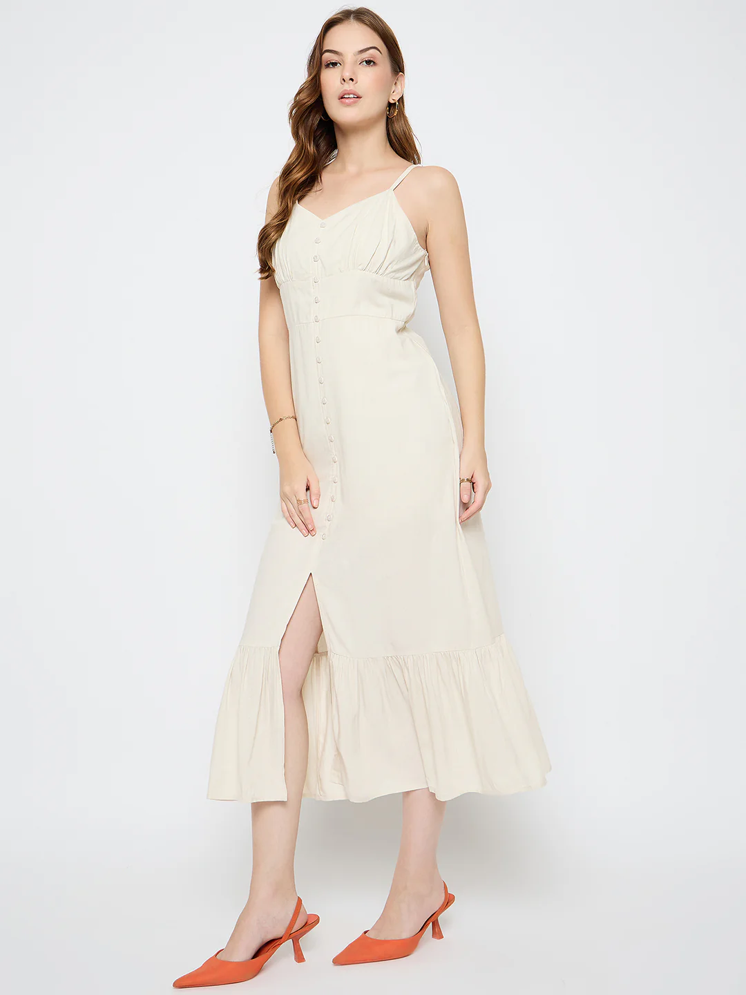 Madame Sleeveless Tiered Off White Maxi Rayon Dress - Image 5