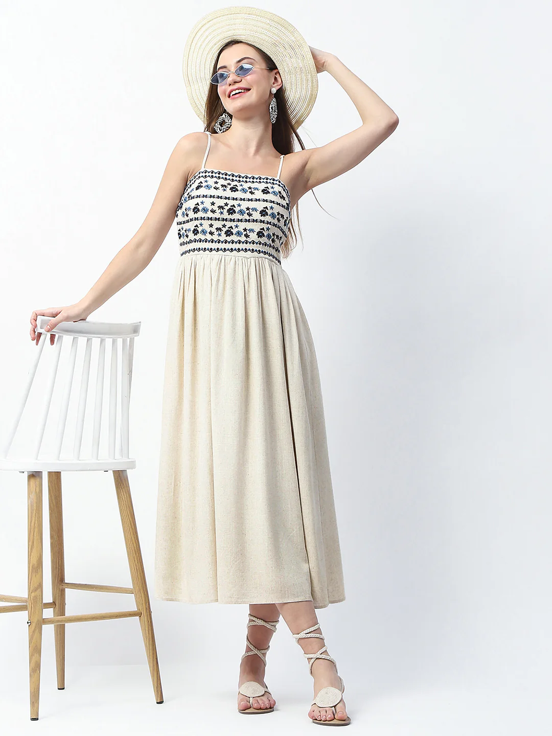 Madame Floral Embroidered Sleeveless Off White Midi Dress - Image 2