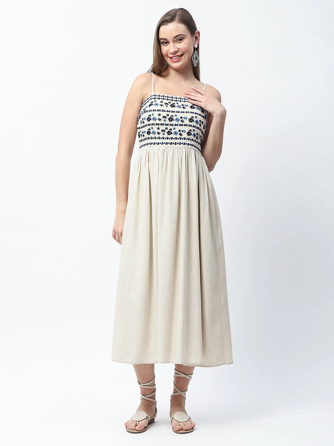 Madame Floral Embroidered Sleeveless Off White Midi Dress - Image 4