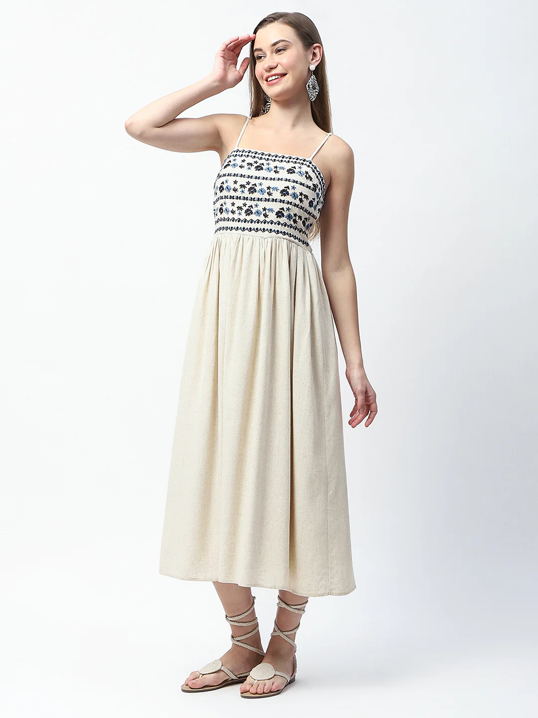 Madame Floral Embroidered Sleeveless Off White Midi Dress - Image 5