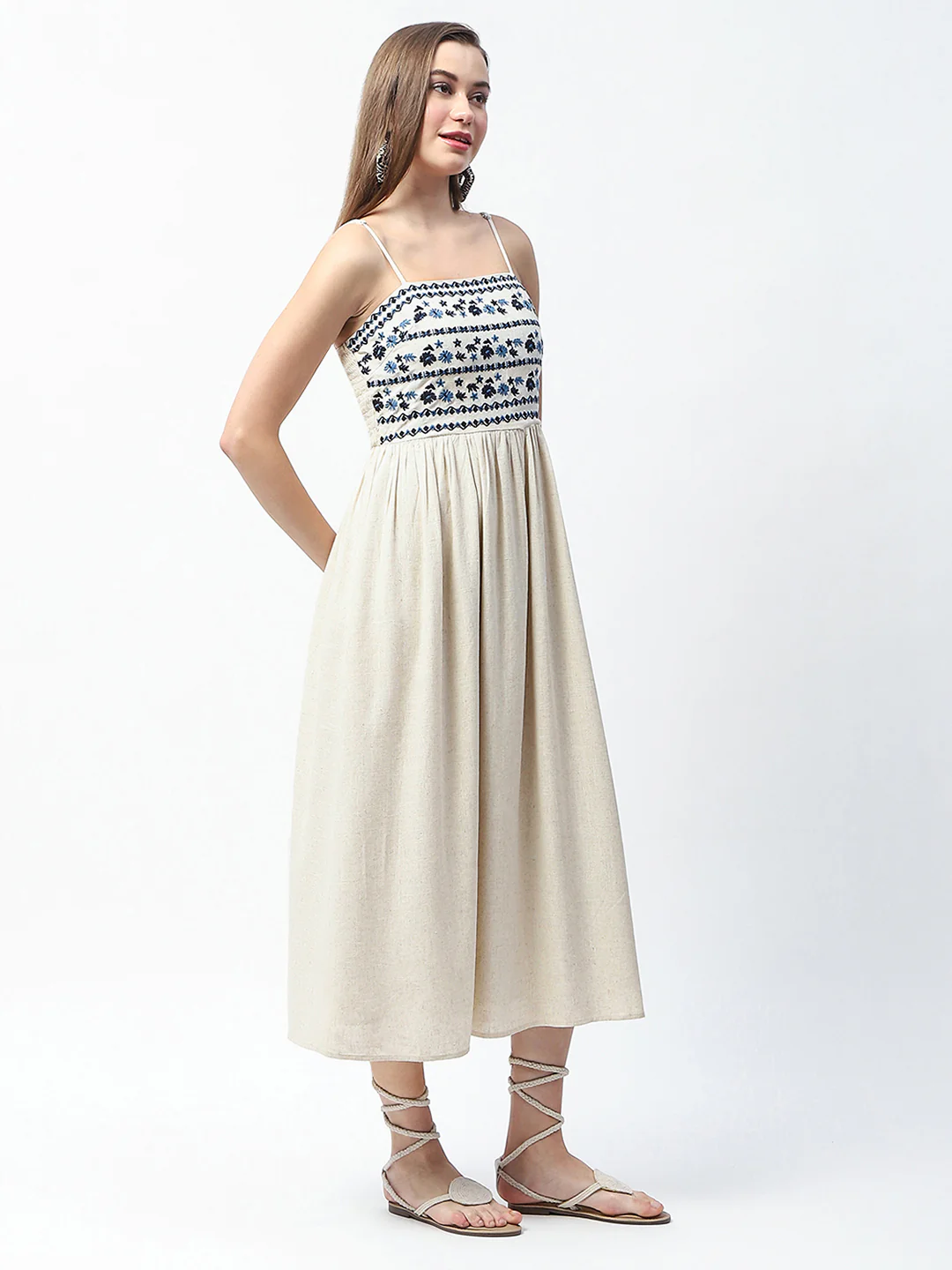 Madame Floral Embroidered Sleeveless Off White Midi Dress - Image 6
