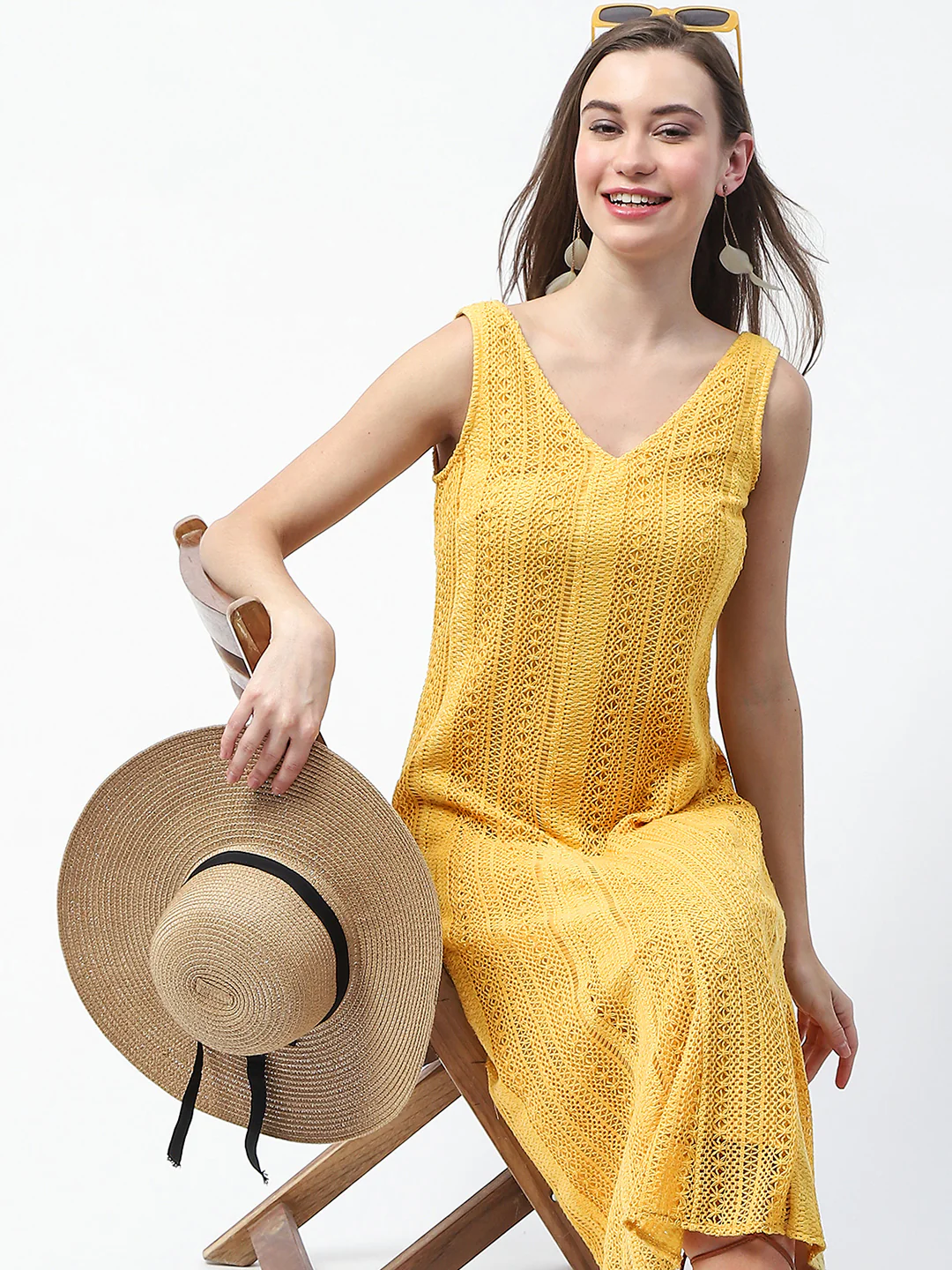 Madame Crochet Knit Mustard Yellow Midi Dress - Image 3