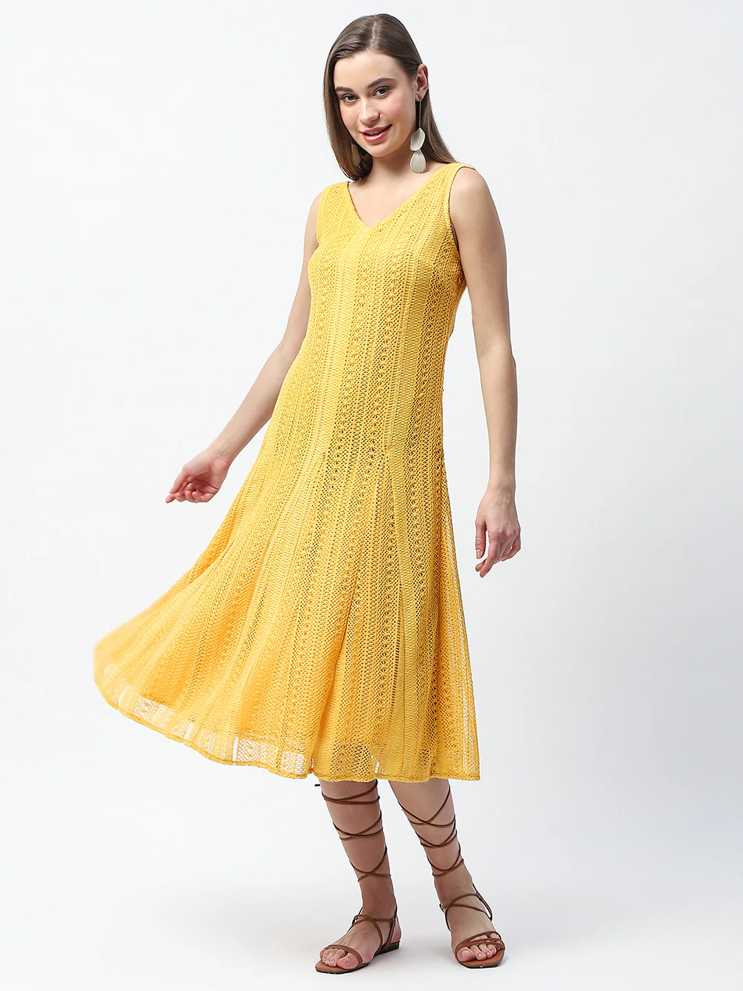 Madame Crochet Knit Mustard Yellow Midi Dress - Image 4