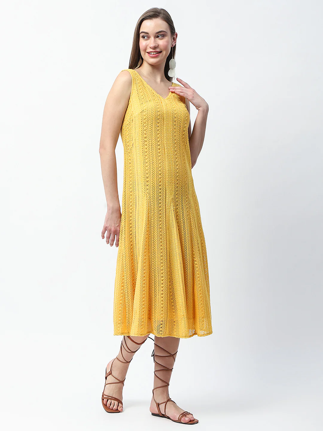 Madame Crochet Knit Mustard Yellow Midi Dress - Image 5