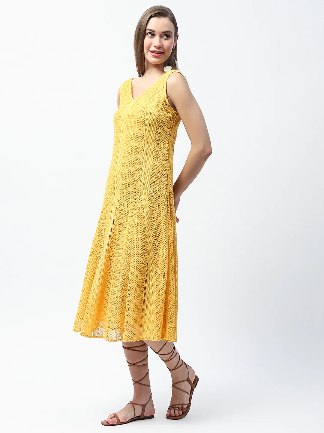 Madame Crochet Knit Mustard Yellow Midi Dress - Image 6