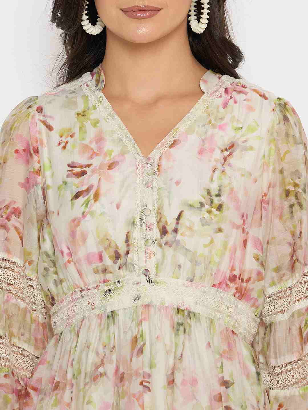 Madame Floral Print Laced Off White Mini Dress - Image 8