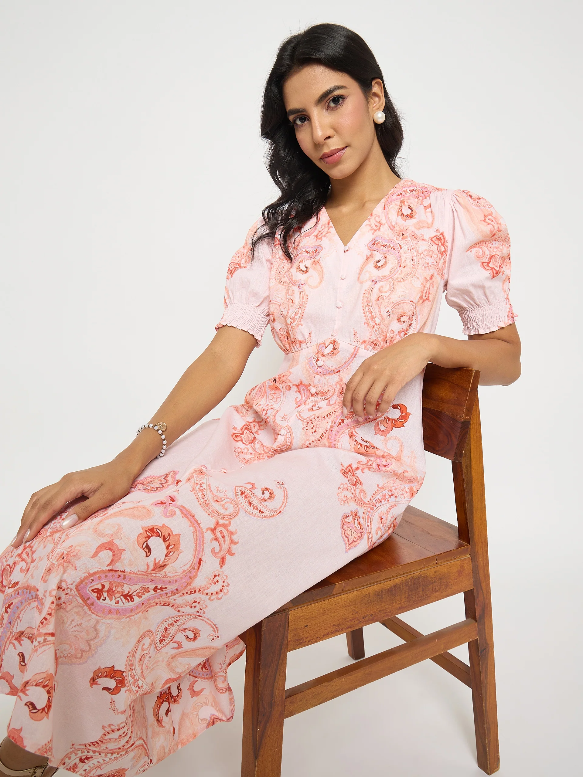 Madame Paisley Print Peach Midi A Line Dress - Image 2