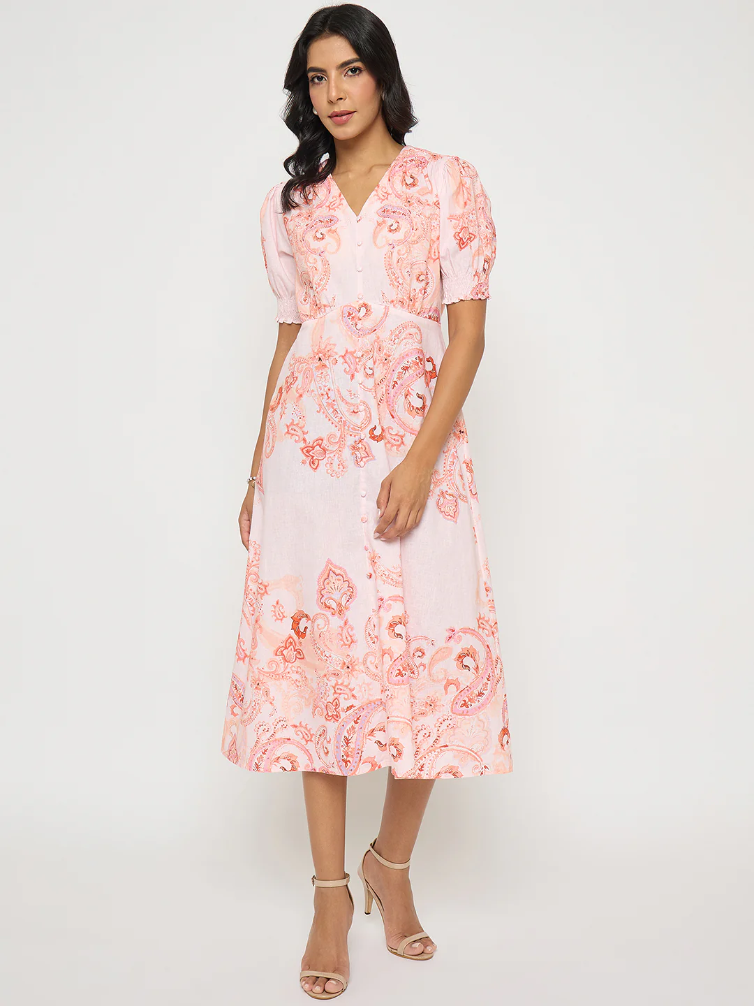 Madame Paisley Print Peach Midi A Line Dress - Image 3