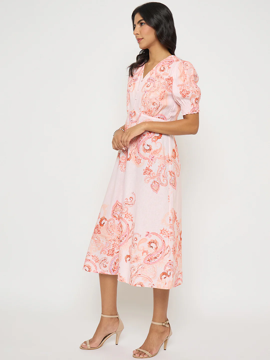 Madame Paisley Print Peach Midi A Line Dress - Image 5