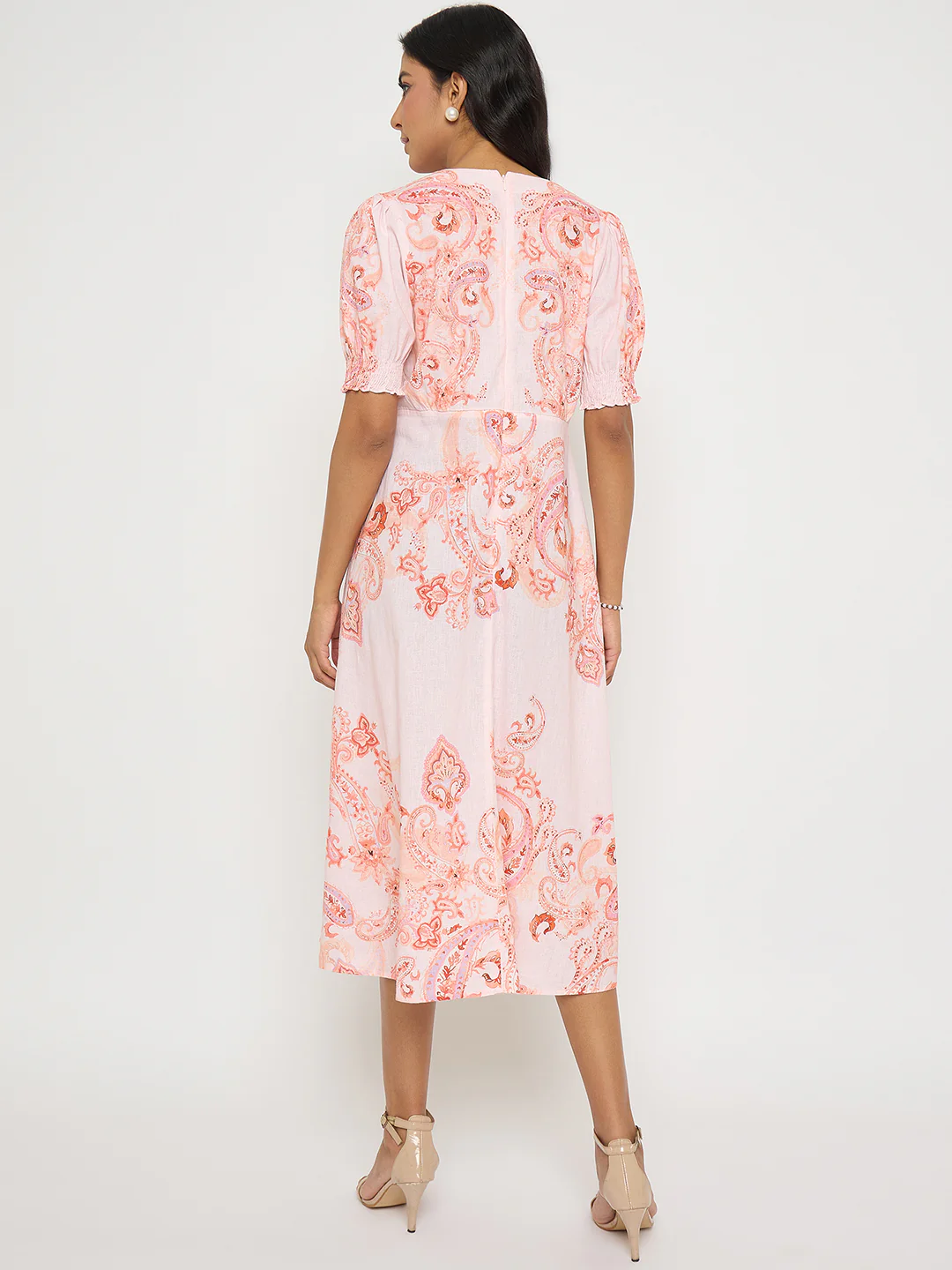 Madame Paisley Print Peach Midi A Line Dress - Image 6