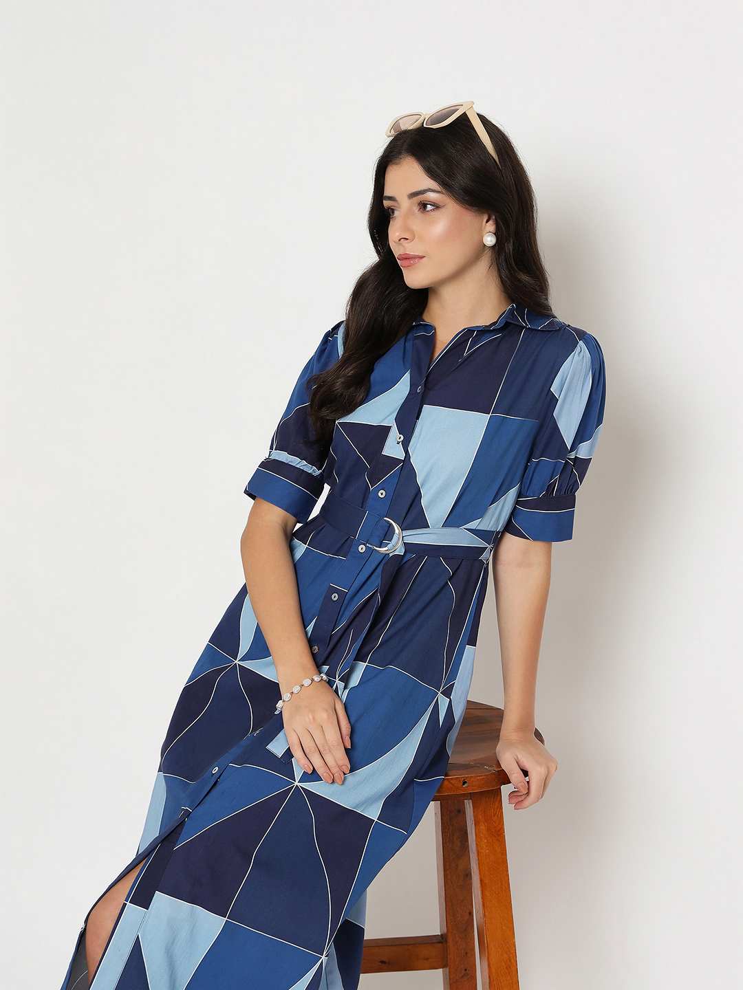 Madame Geometric Print Belted Blue Maxi Shirt Dress - Image 2