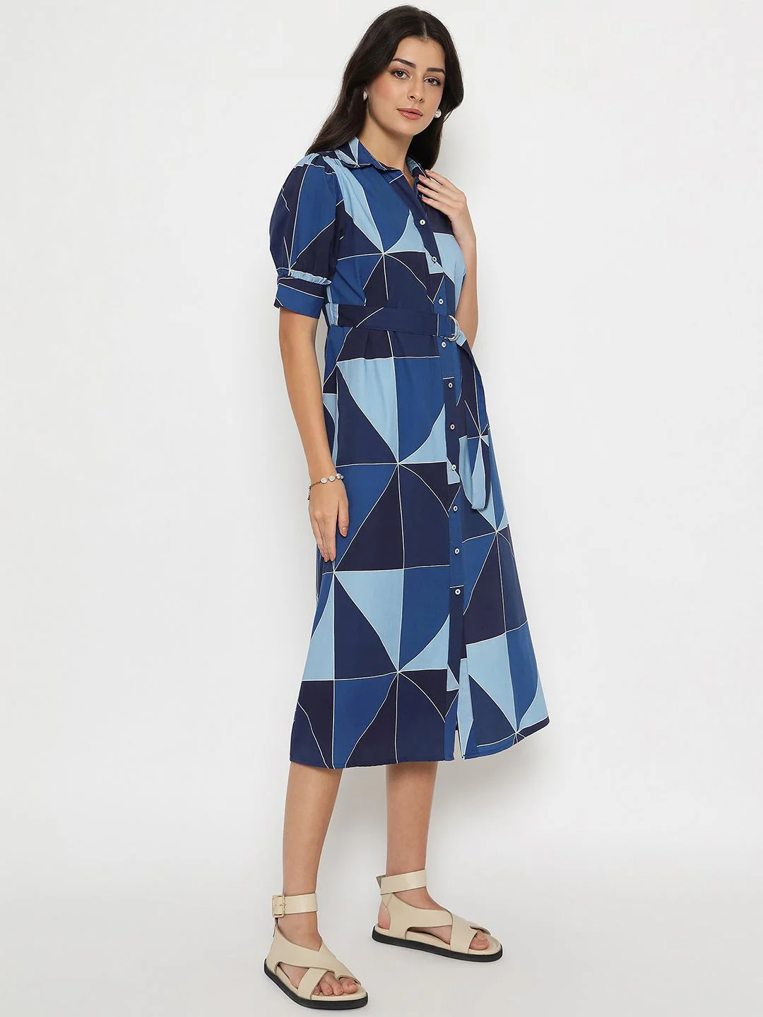 Madame Geometric Print Belted Blue Maxi Shirt Dress - Image 4