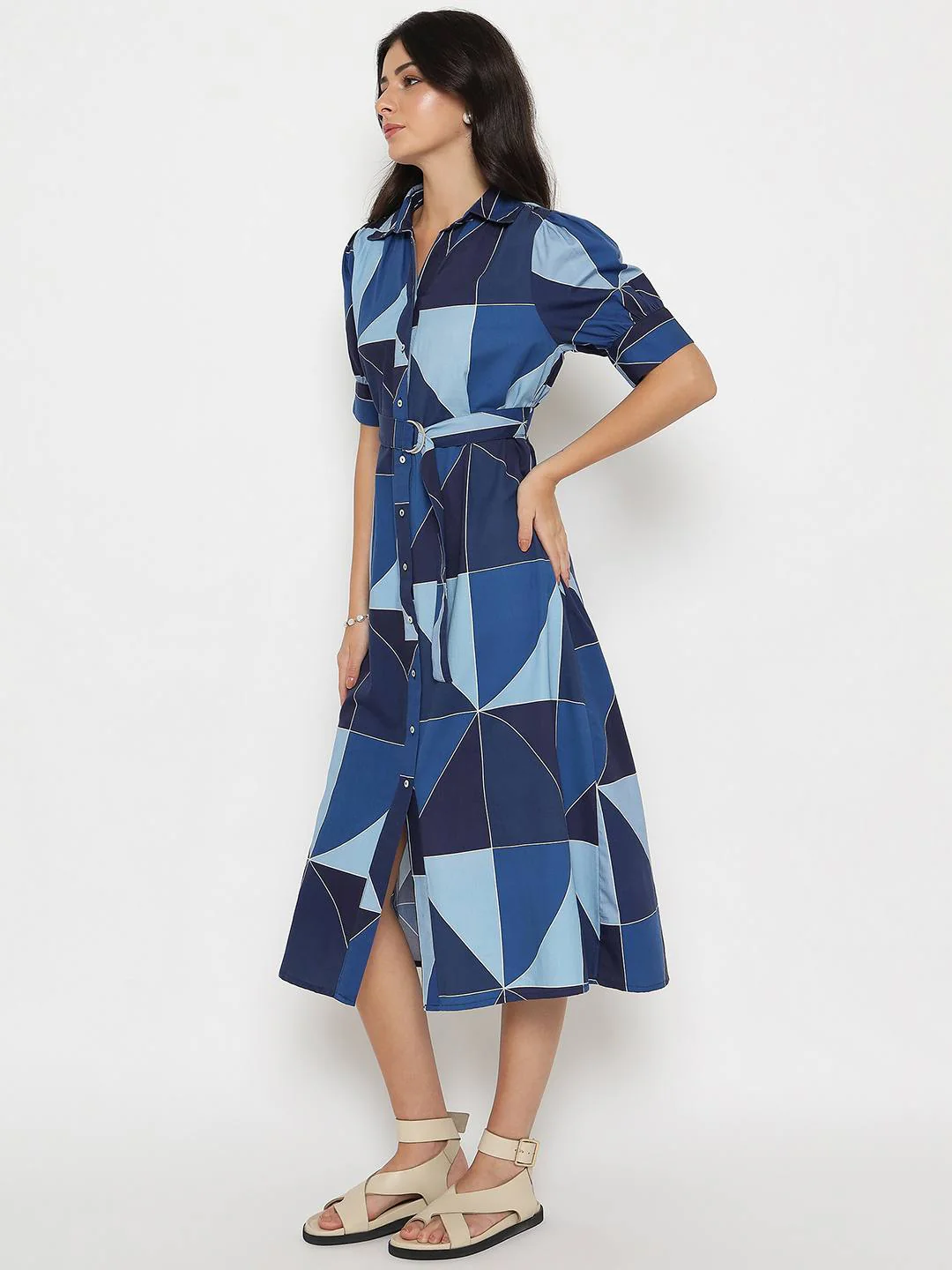 Madame Geometric Print Belted Blue Maxi Shirt Dress - Image 5