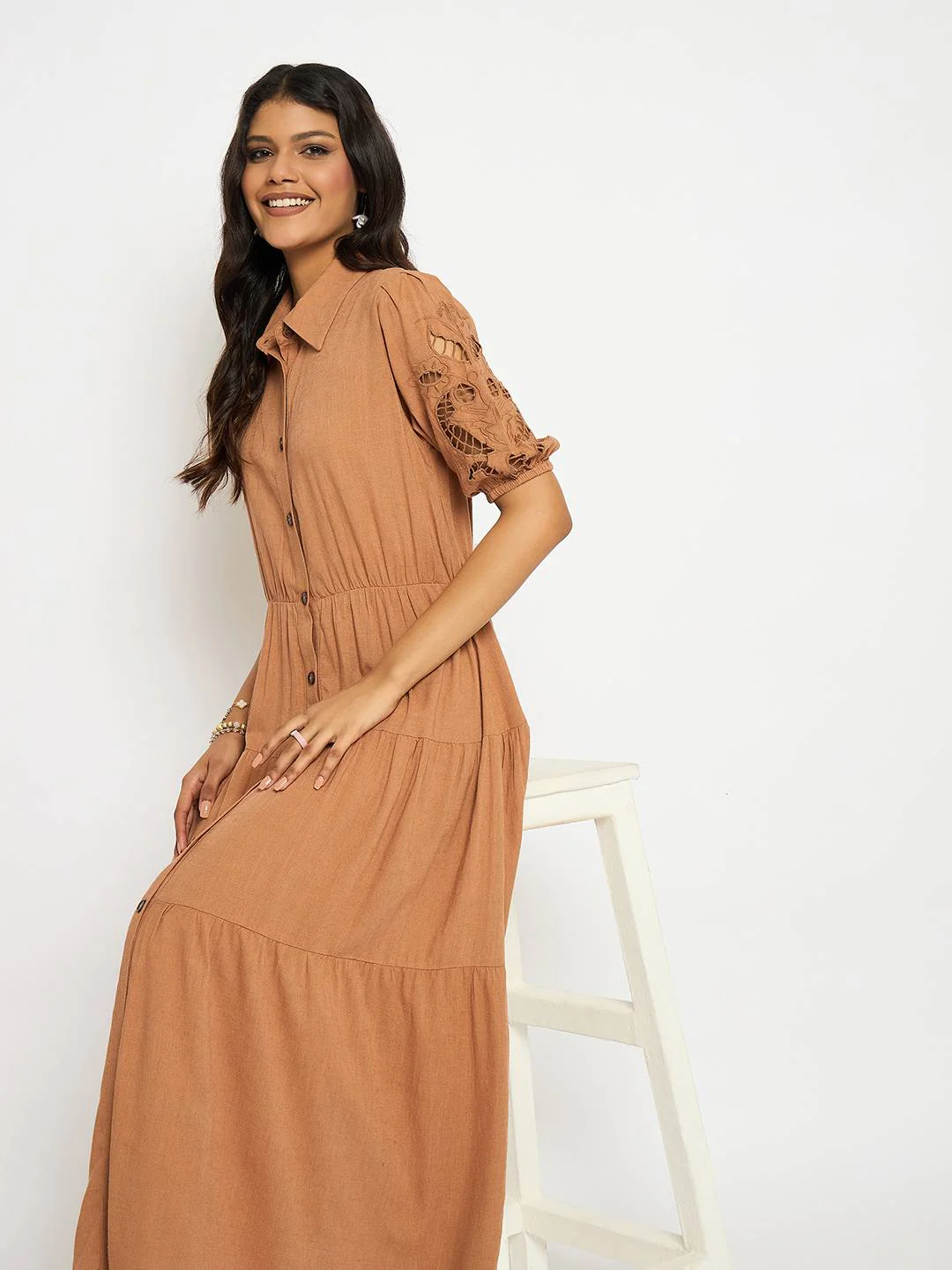 Madame Tiered Rust Red Maxi Shirt Dress - Image 2