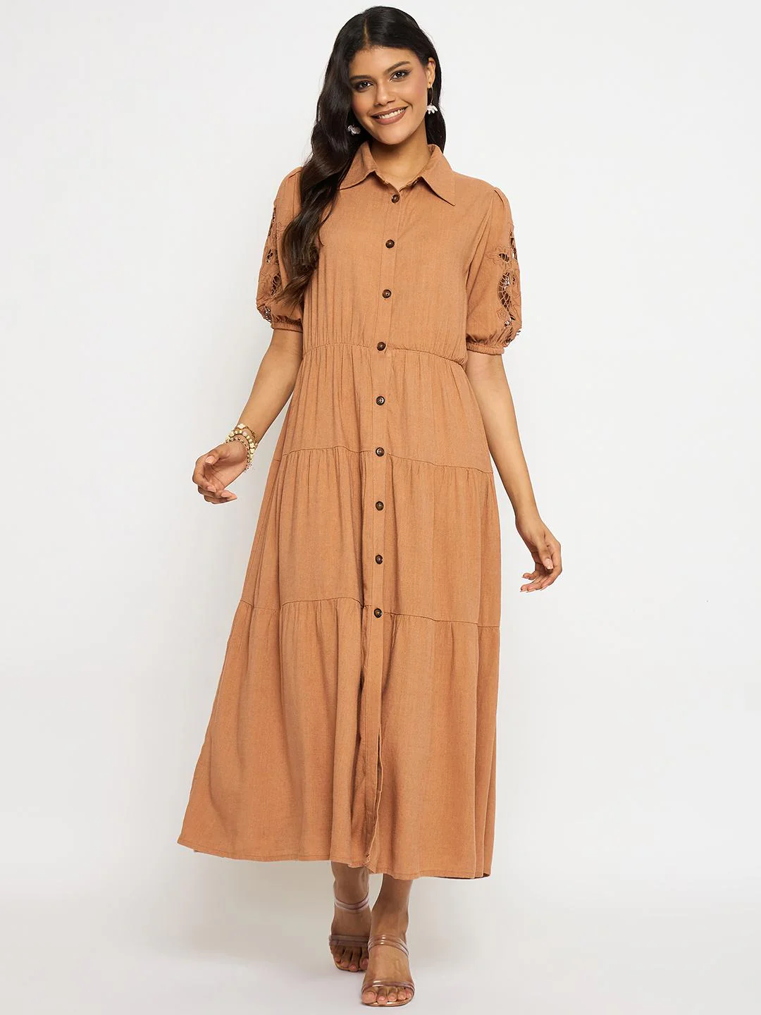 Madame Tiered Rust Red Maxi Shirt Dress - Image 3