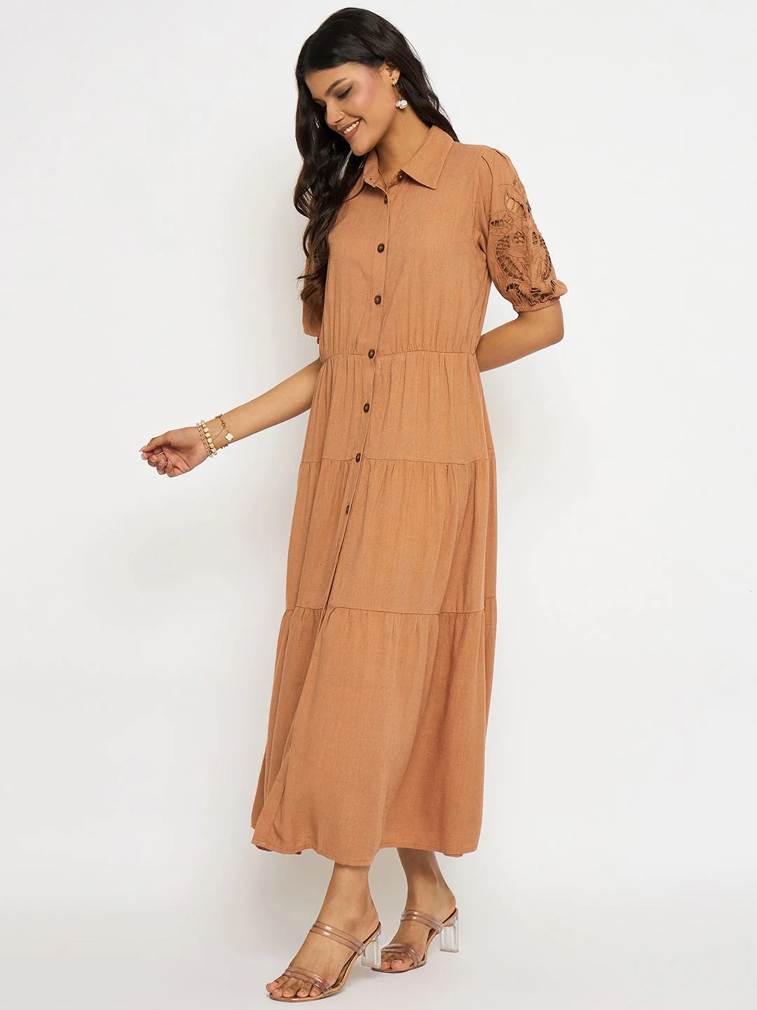 Madame Tiered Rust Red Maxi Shirt Dress - Image 5