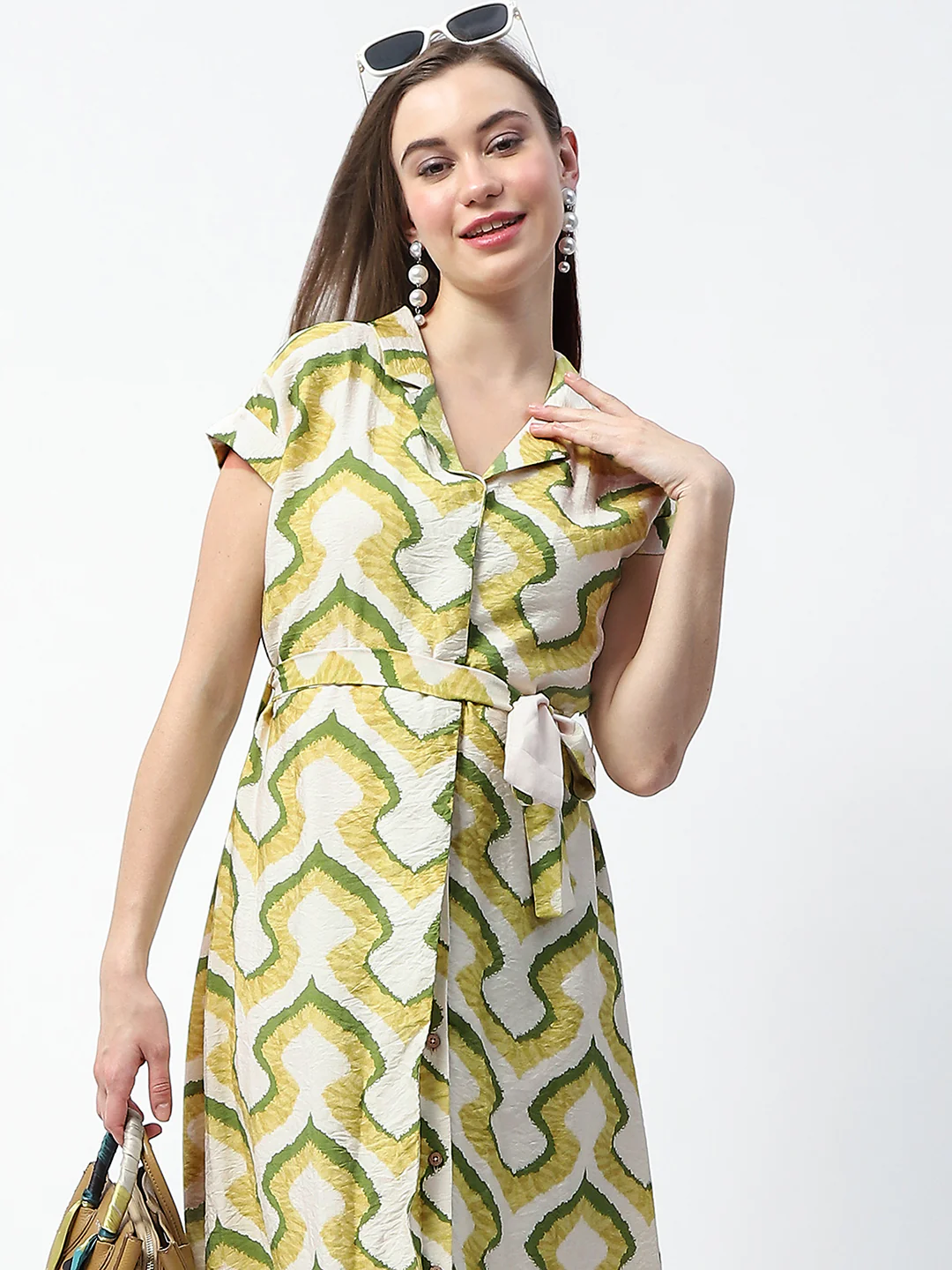 Madame Printed and Belted Green Midi Shirt Dress - Image 2