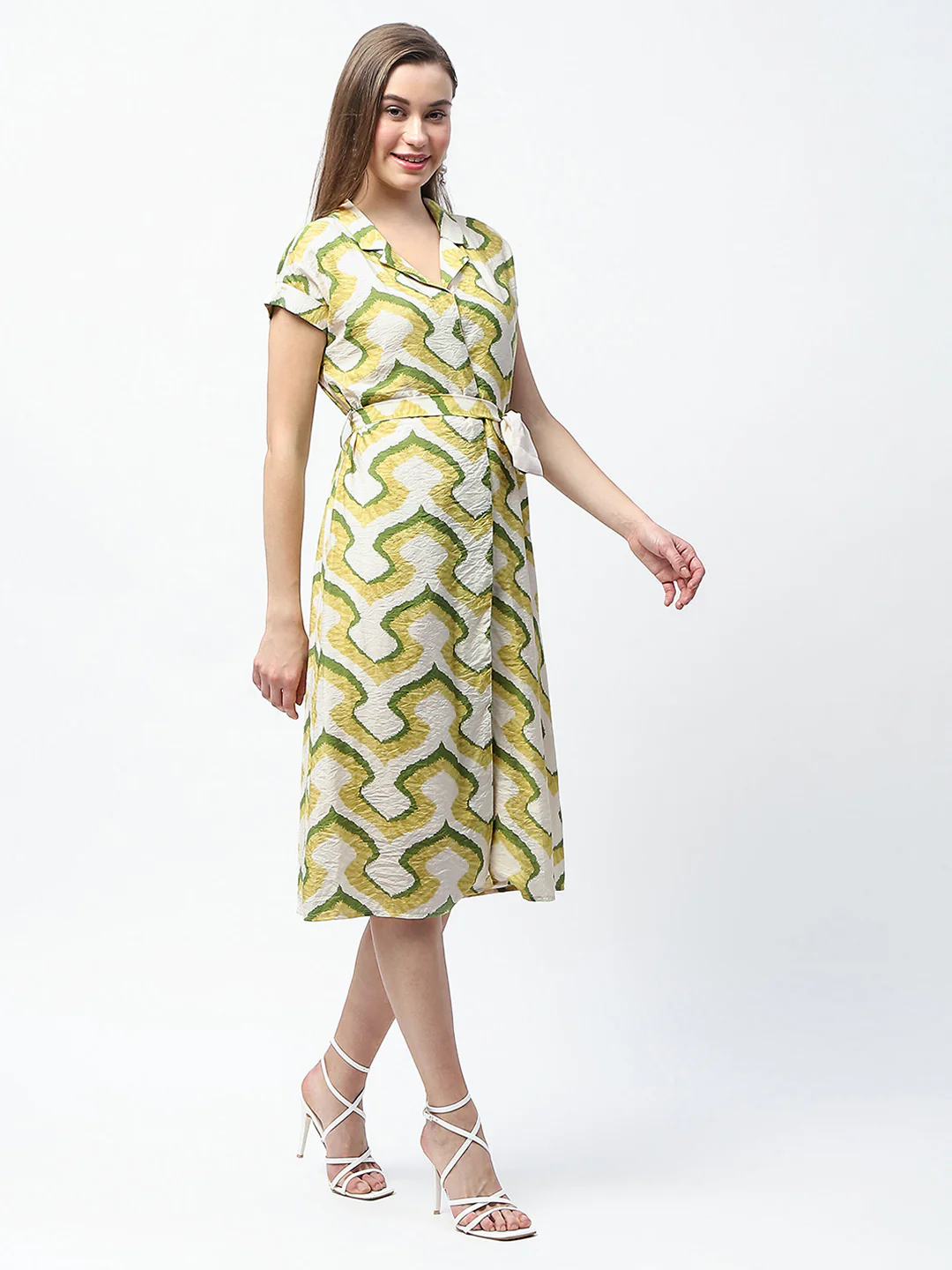 Madame Printed and Belted Green Midi Shirt Dress - Image 6