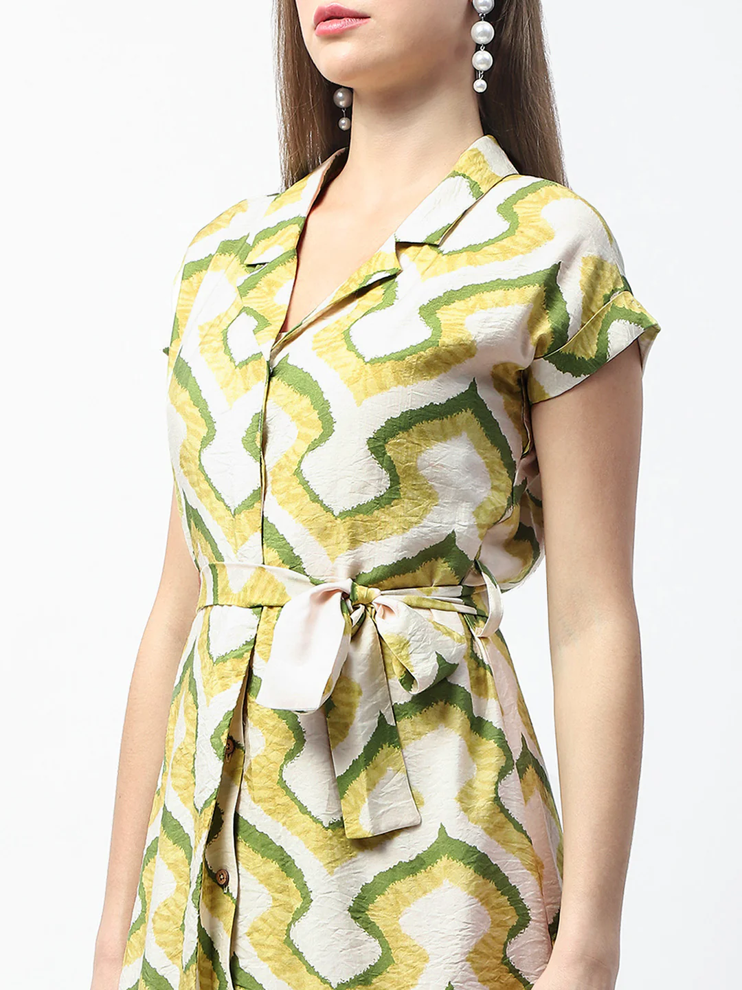 Madame Printed and Belted Green Midi Shirt Dress - Image 8