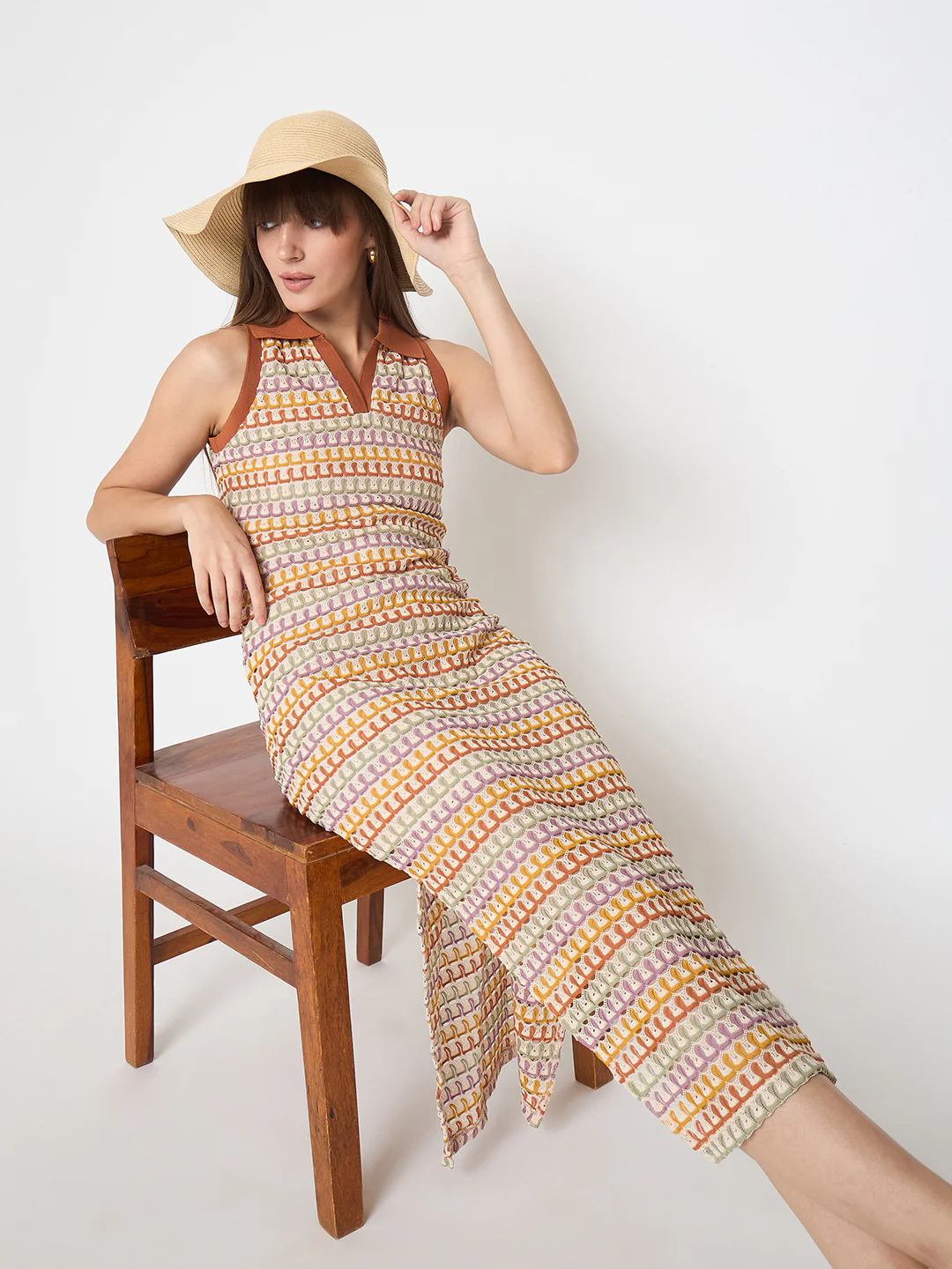 Madame Crochet Striped Side Slit Brown Bodycon Dress - Image 2