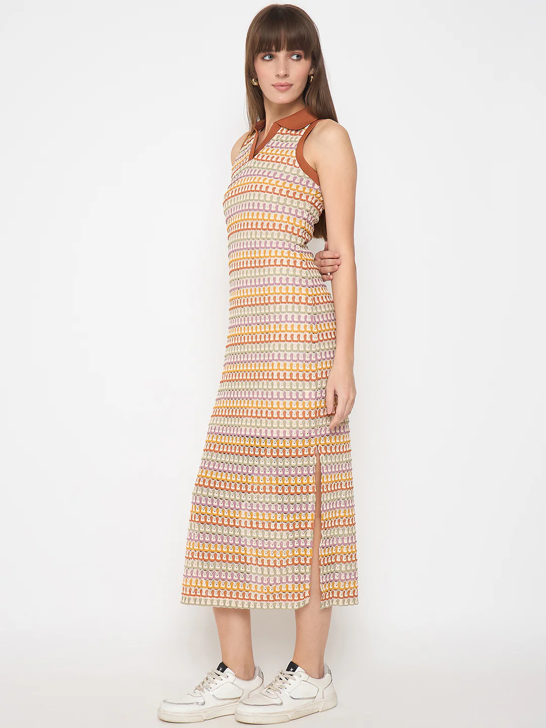 Madame Crochet Striped Side Slit Brown Bodycon Dress - Image 5