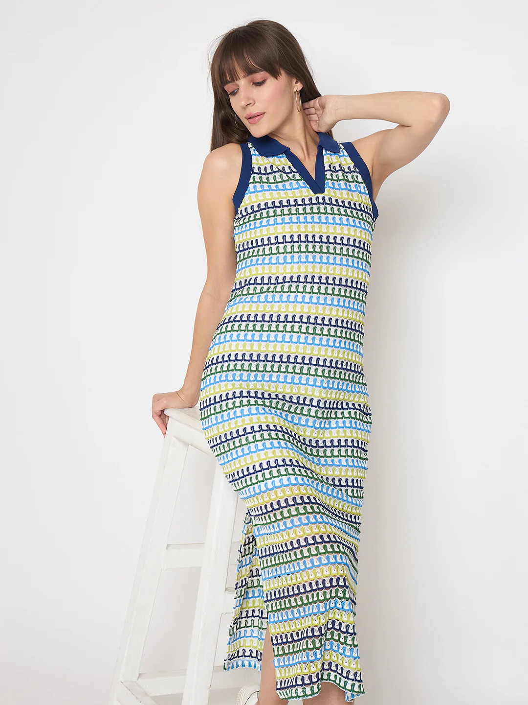Madame Crochet Striped Side Slit White Bodycon Dress - Image 2