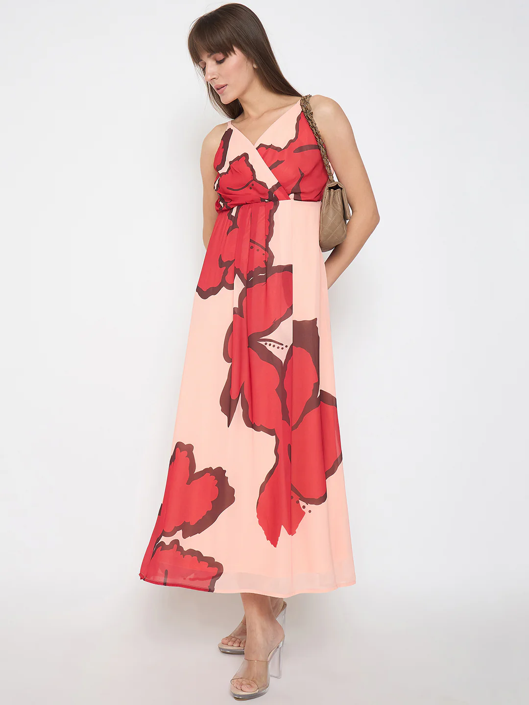 Madame Chiffon Floral Print A Line Peach Maxi Dress - Image 2