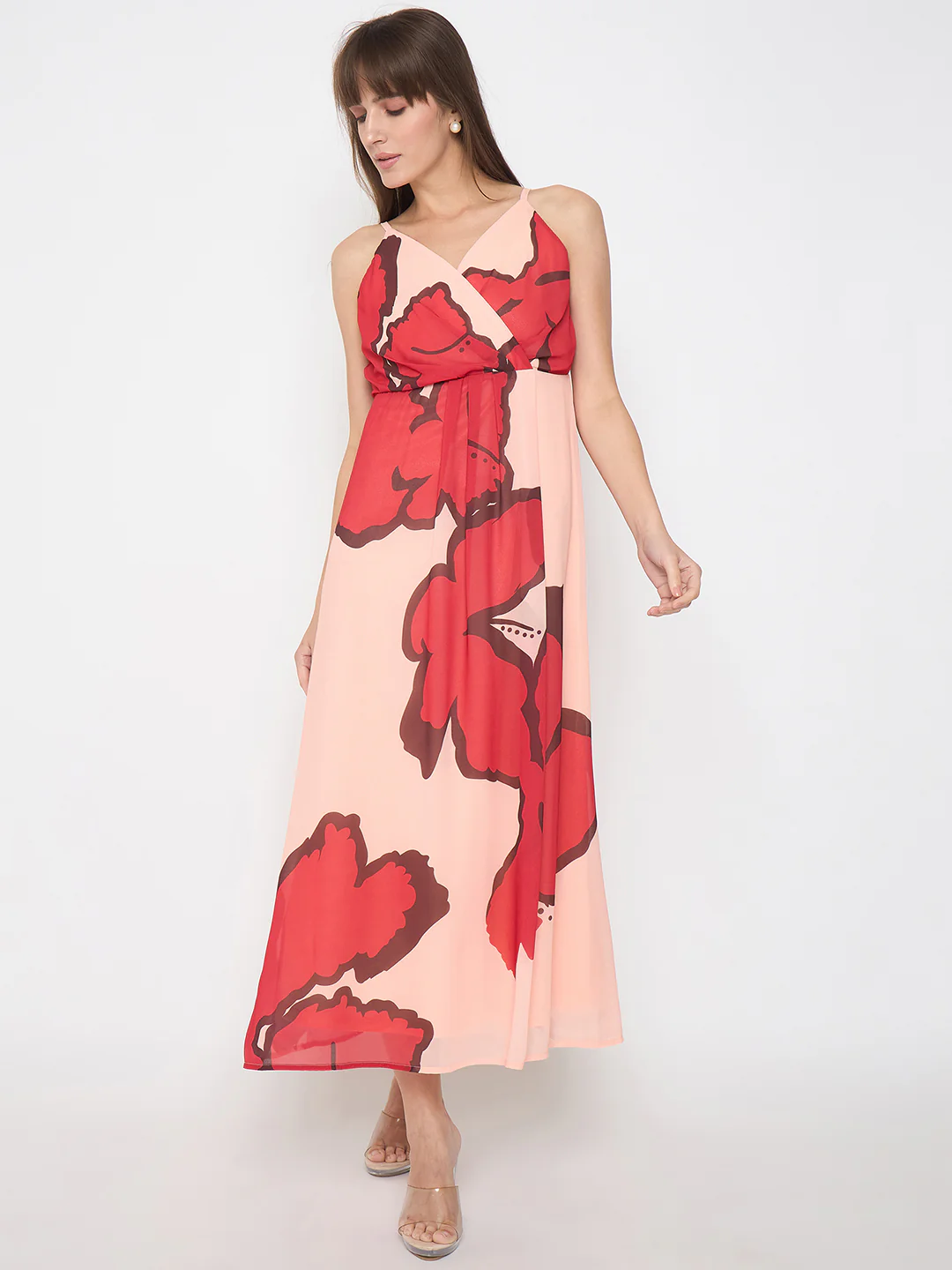 Madame Chiffon Floral Print A Line Peach Maxi Dress - Image 3