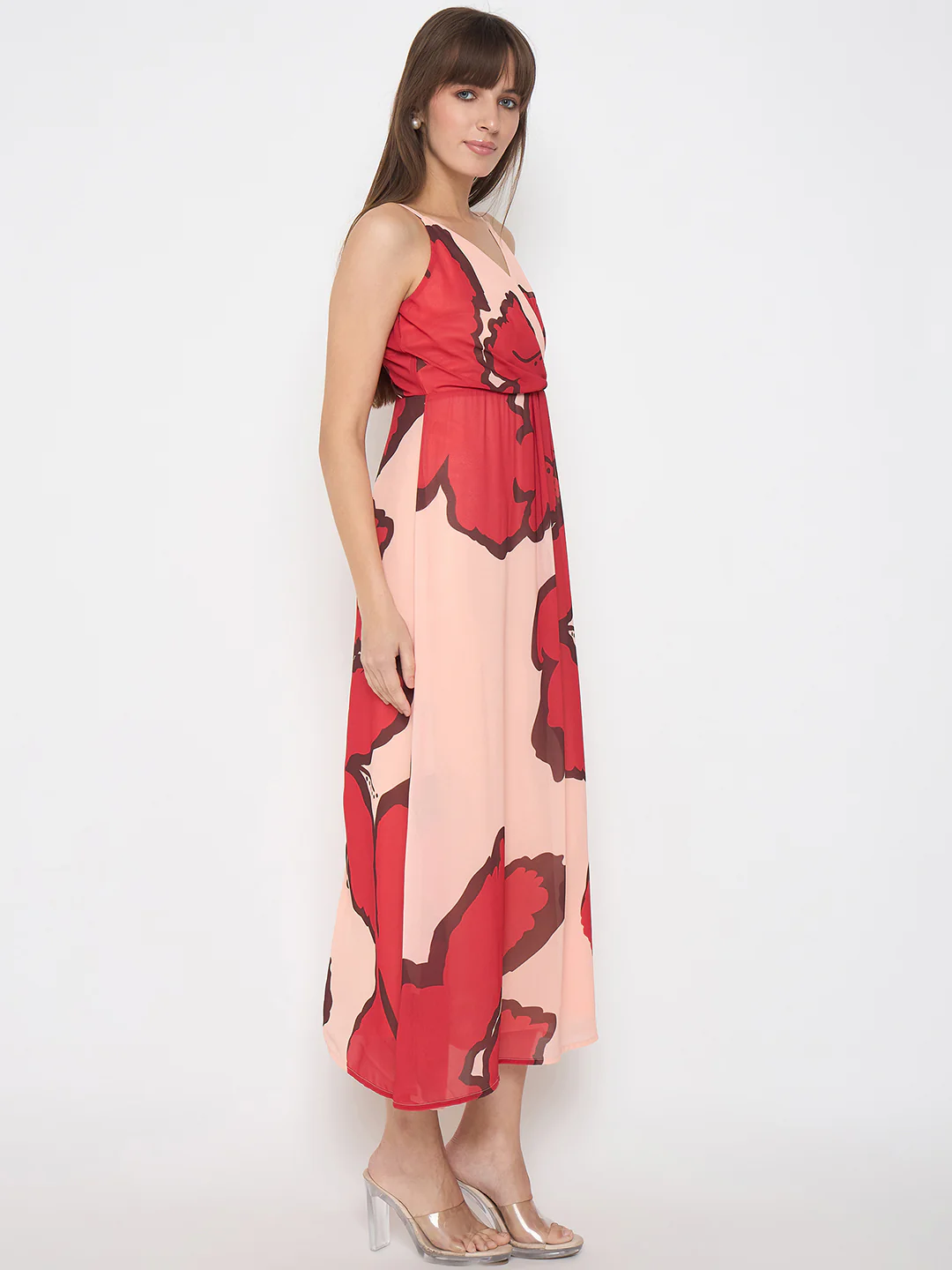 Madame Chiffon Floral Print A Line Peach Maxi Dress - Image 4