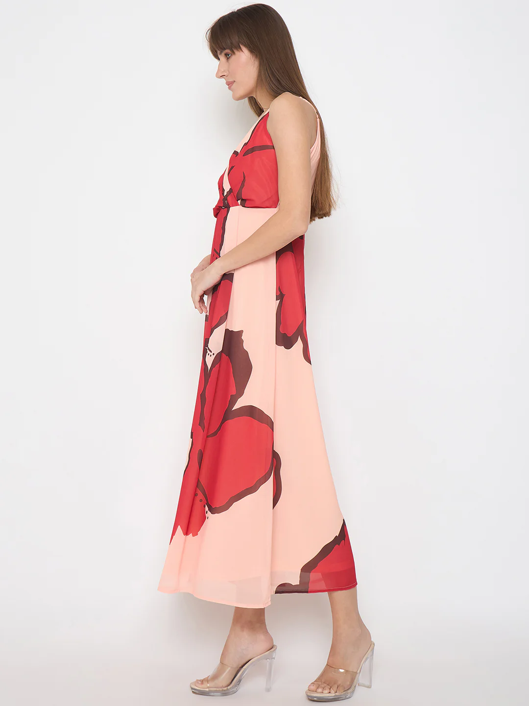 Madame Chiffon Floral Print A Line Peach Maxi Dress - Image 5