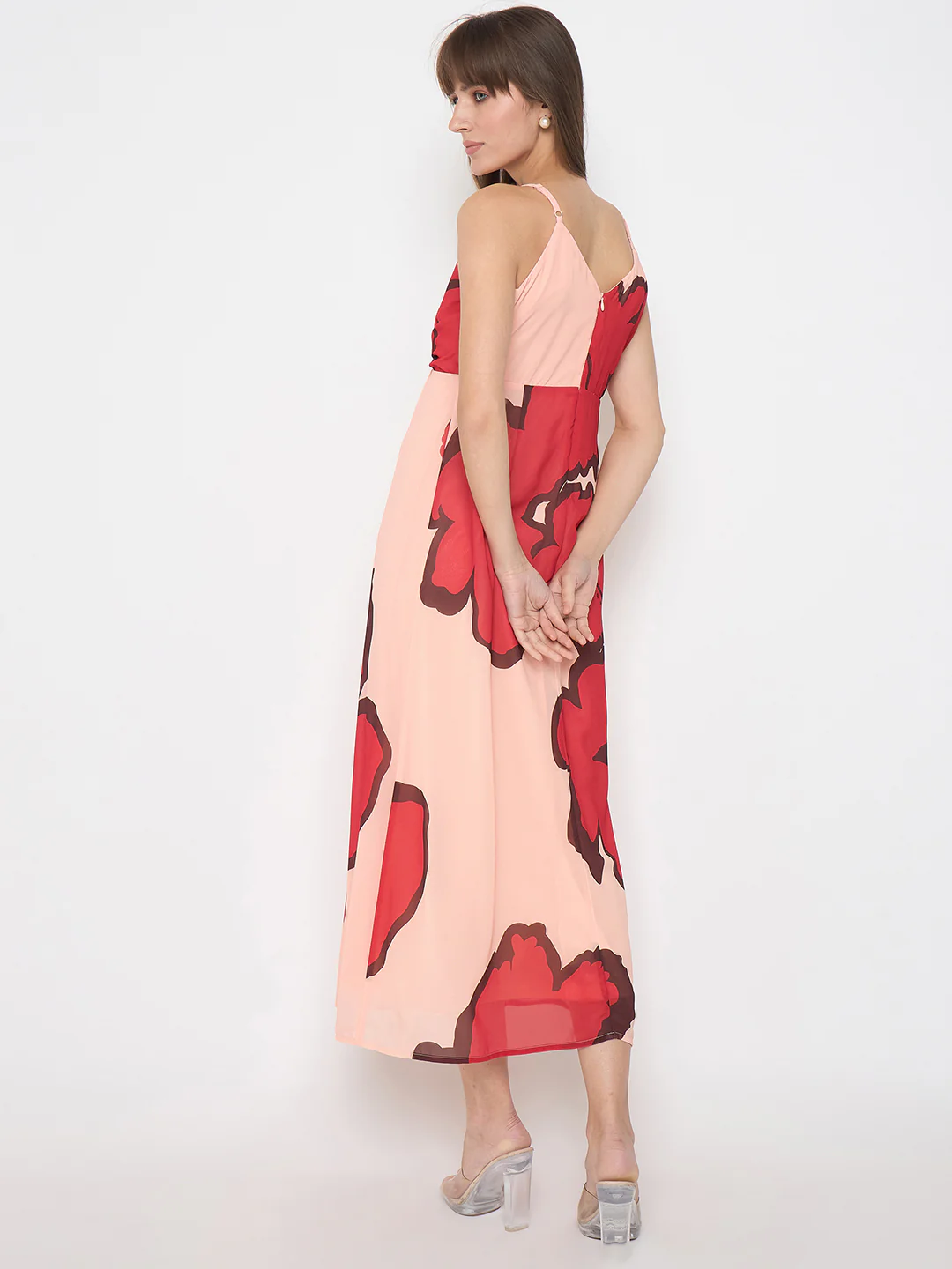 Madame Chiffon Floral Print A Line Peach Maxi Dress - Image 6