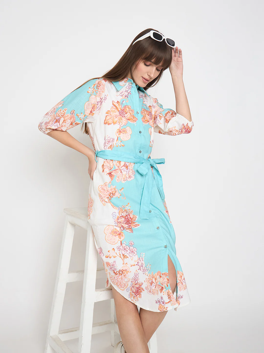 Madame Blue Colorblock Floral Cotton Midi Shirt Dress - Image 6