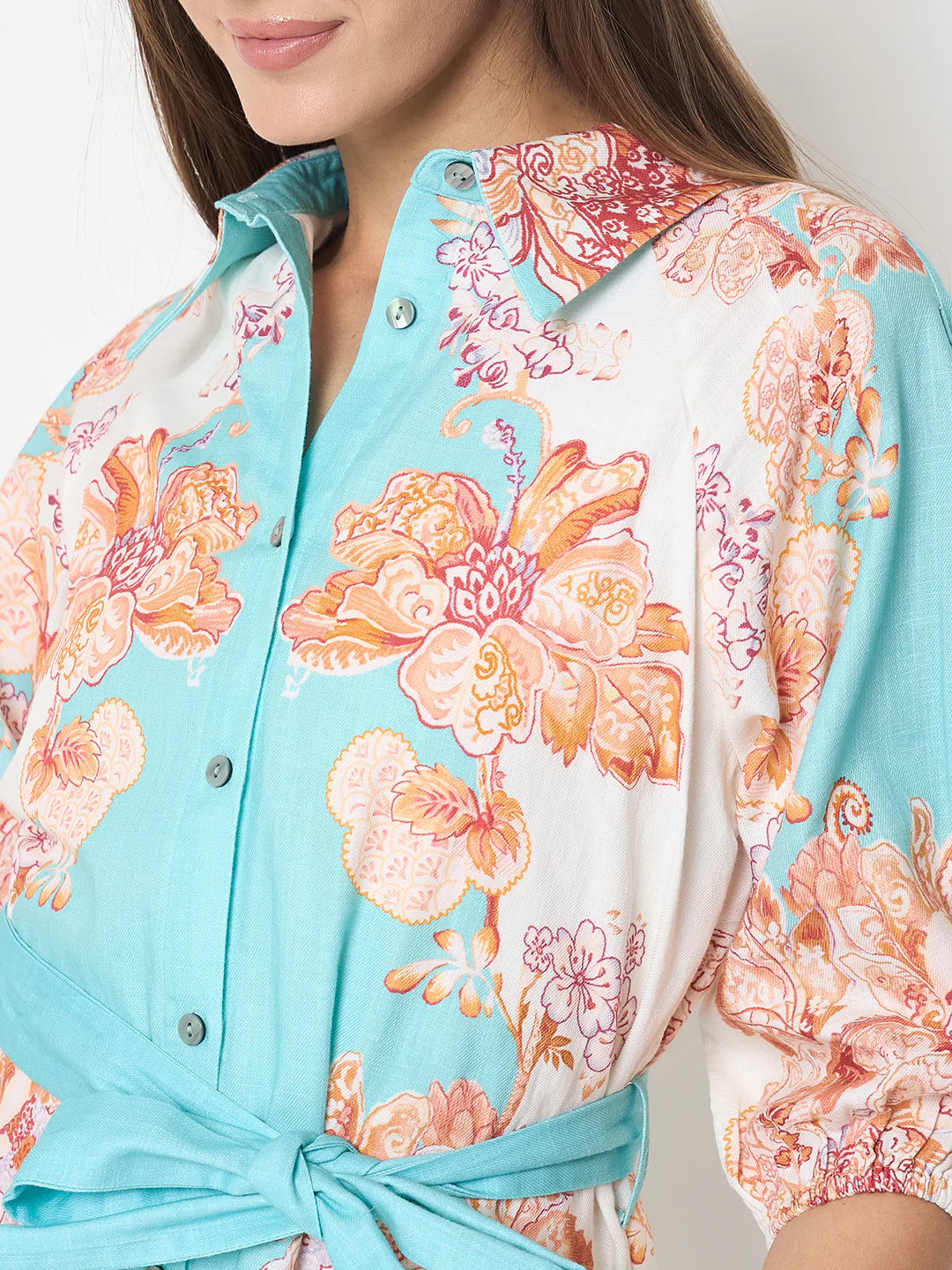 Madame Blue Colorblock Floral Cotton Midi Shirt Dress - Image 7