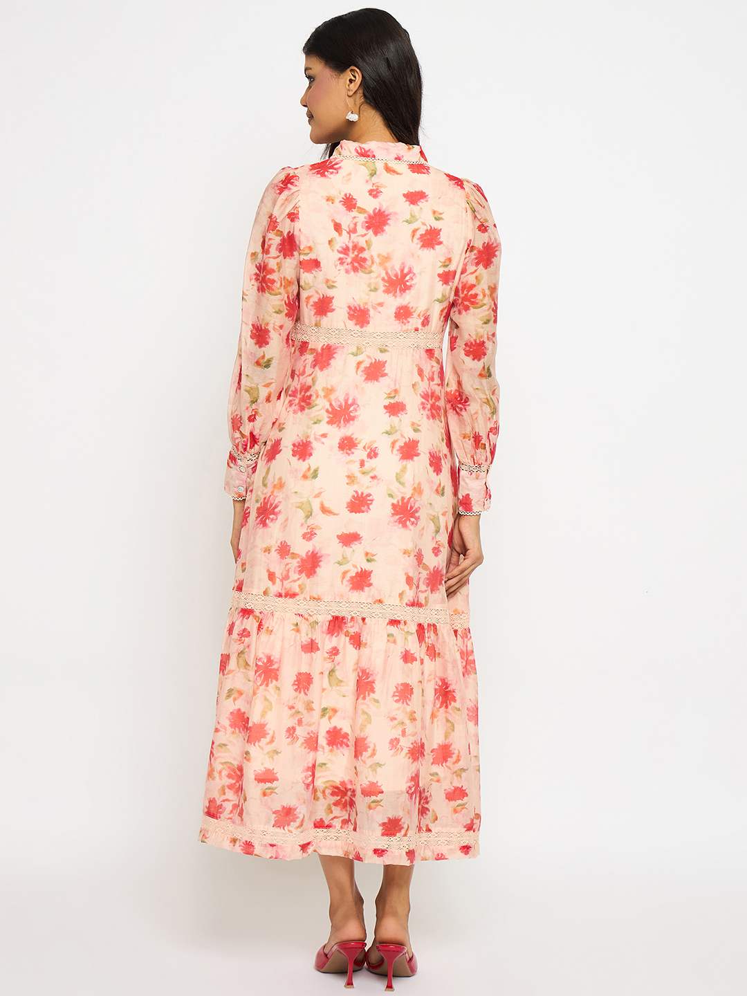 Madame Floral Print Tiered Peach Maxi Shirt Dress - Image 6