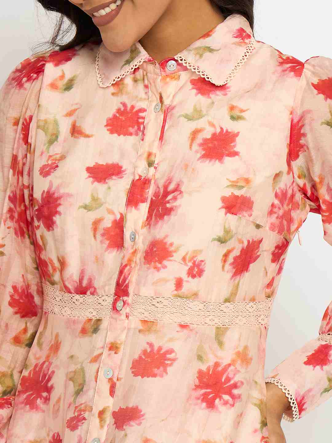 Madame Floral Print Tiered Peach Maxi Shirt Dress - Image 7