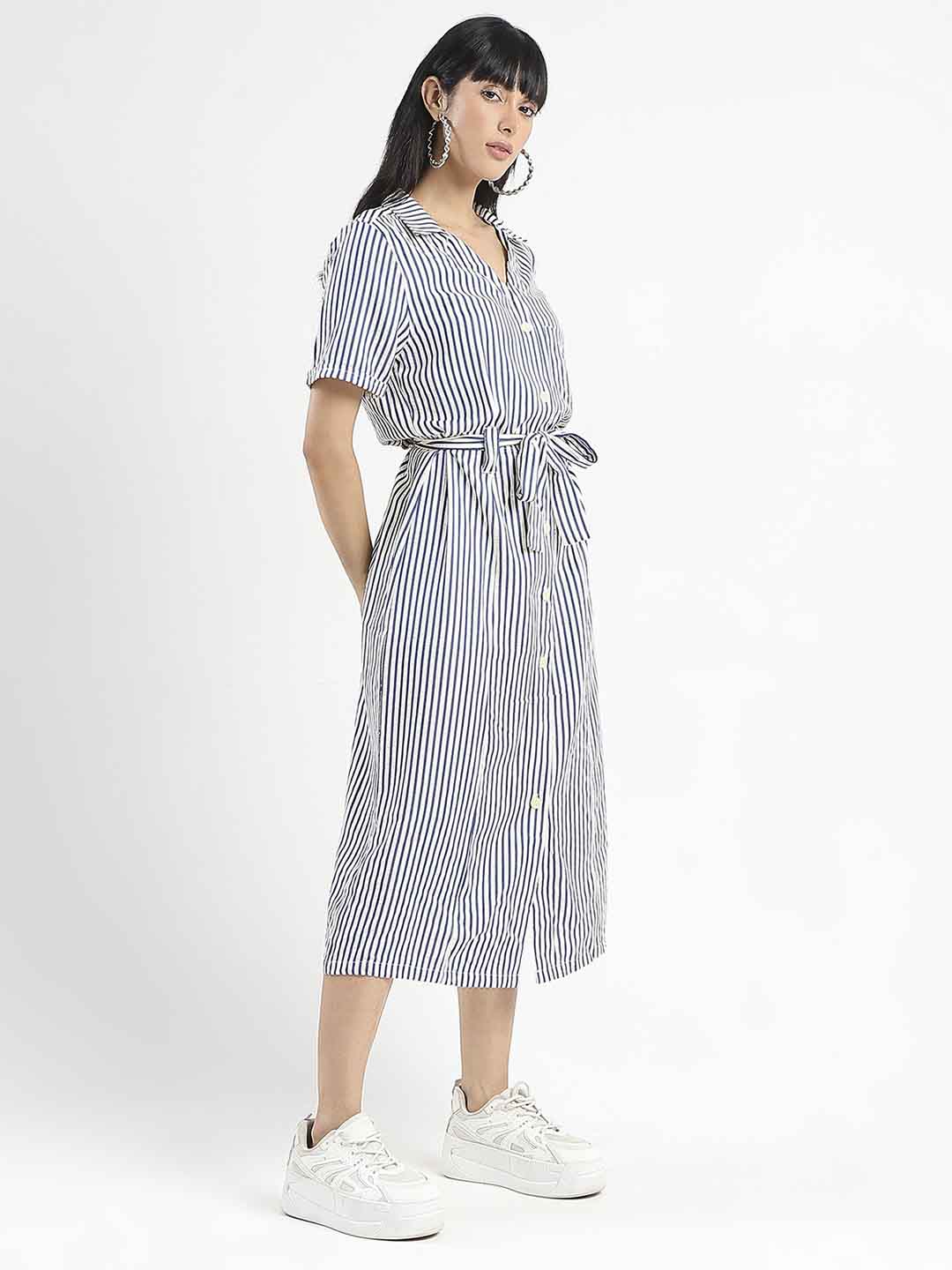 Madame Striped Navy Blue Midi Shirt Dress - Image 3