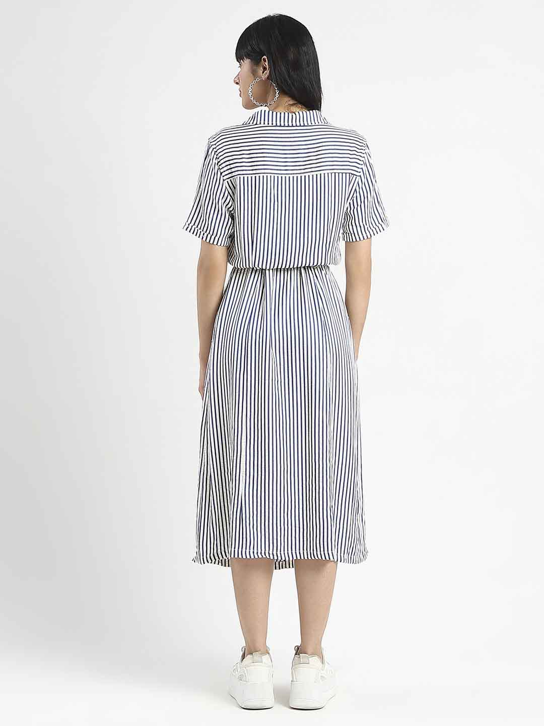 Madame Striped Navy Blue Midi Shirt Dress - Image 4