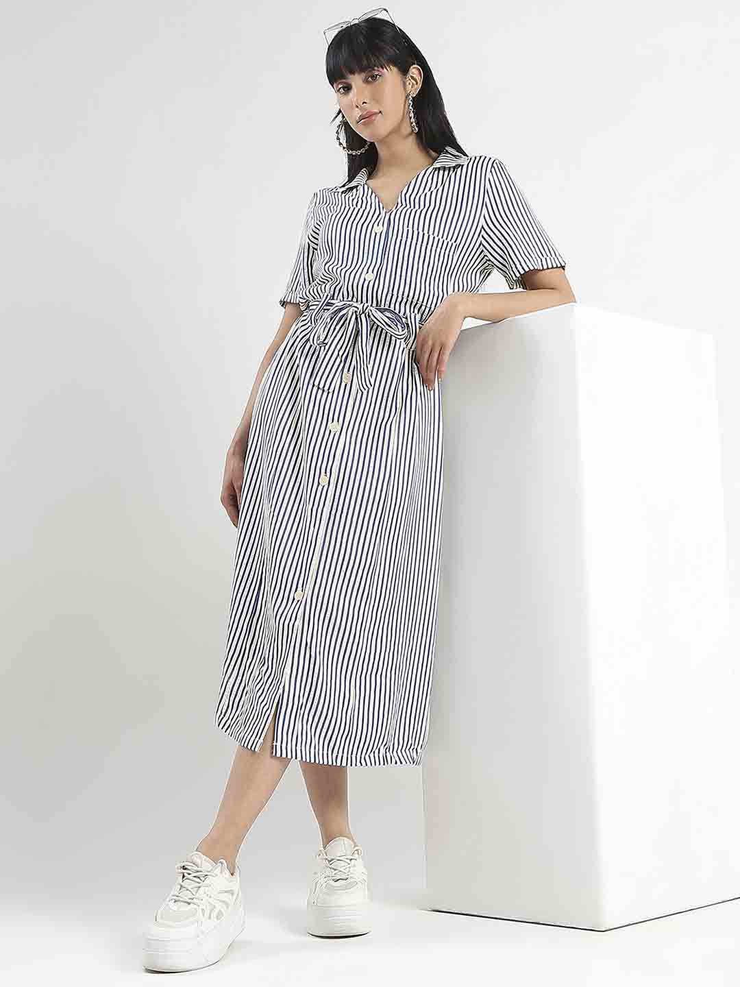 Madame Striped Navy Blue Midi Shirt Dress - Image 5